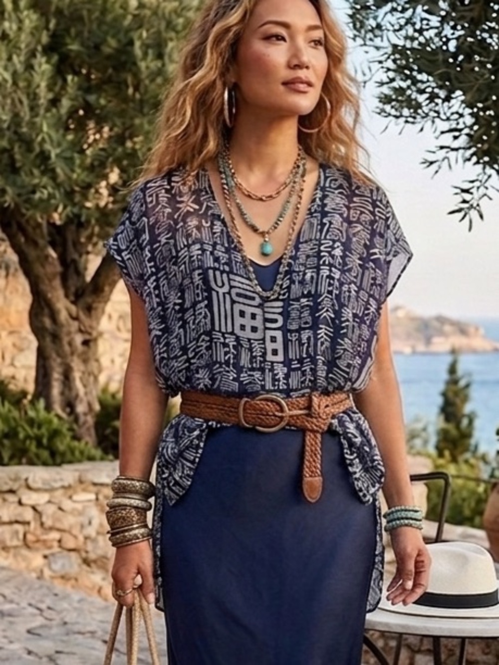 Anne Namba silk Chinese zodiac navy blue white asymmetrical tunic top S M